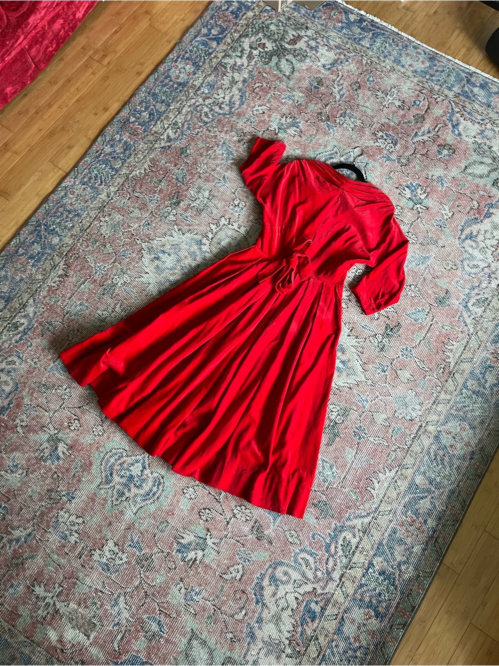 Handmade 50s Red Midi Dress with Tie Waist